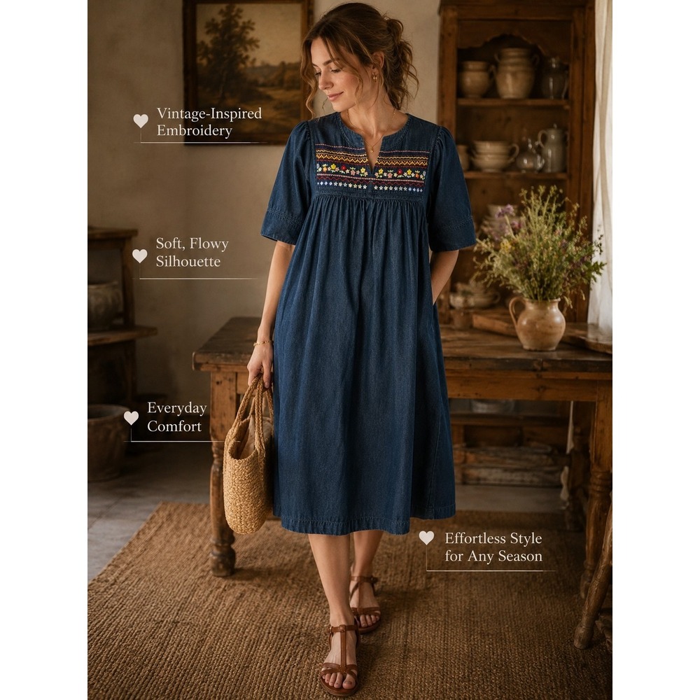 Bechamel Vintage Embroidered Denim Dress Sz M Cottagecore Loungewear MuuMuu Y2K